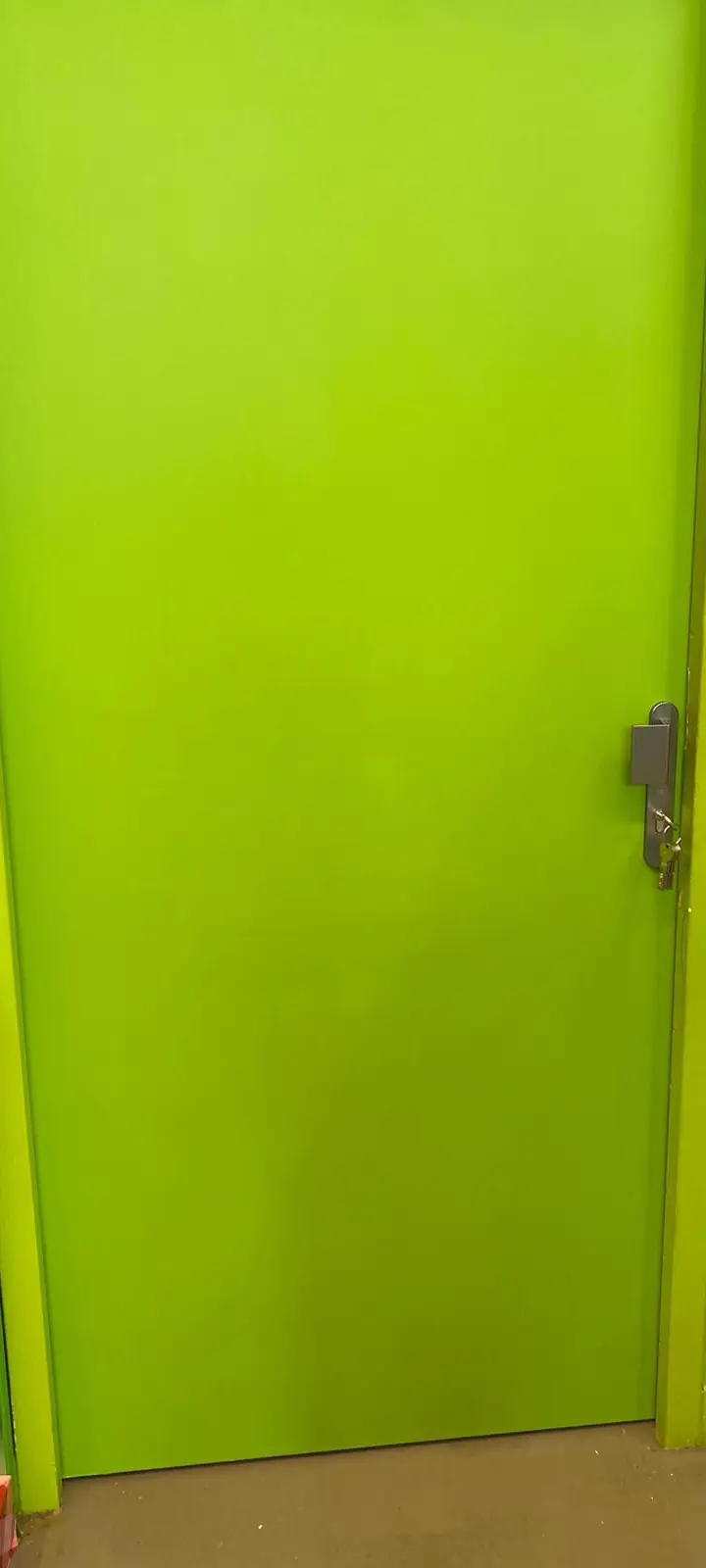 Porte de service pleine verte dans un encadrement vert, béquille et cylindre sur plaque